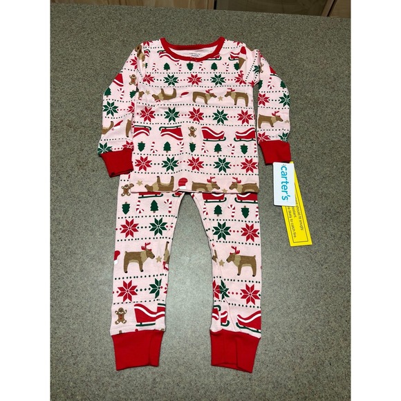 Christmas Carter's NWT pink long sleeve/pants pajama set 2T trees/candy canes - Picture 2 of 5